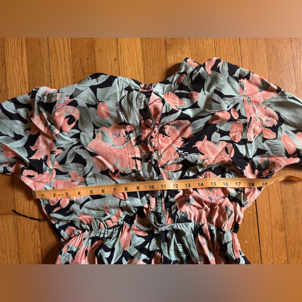 80s Vintage Green Black and Pink Floral Shirt Dress - Picture 7 of 9
